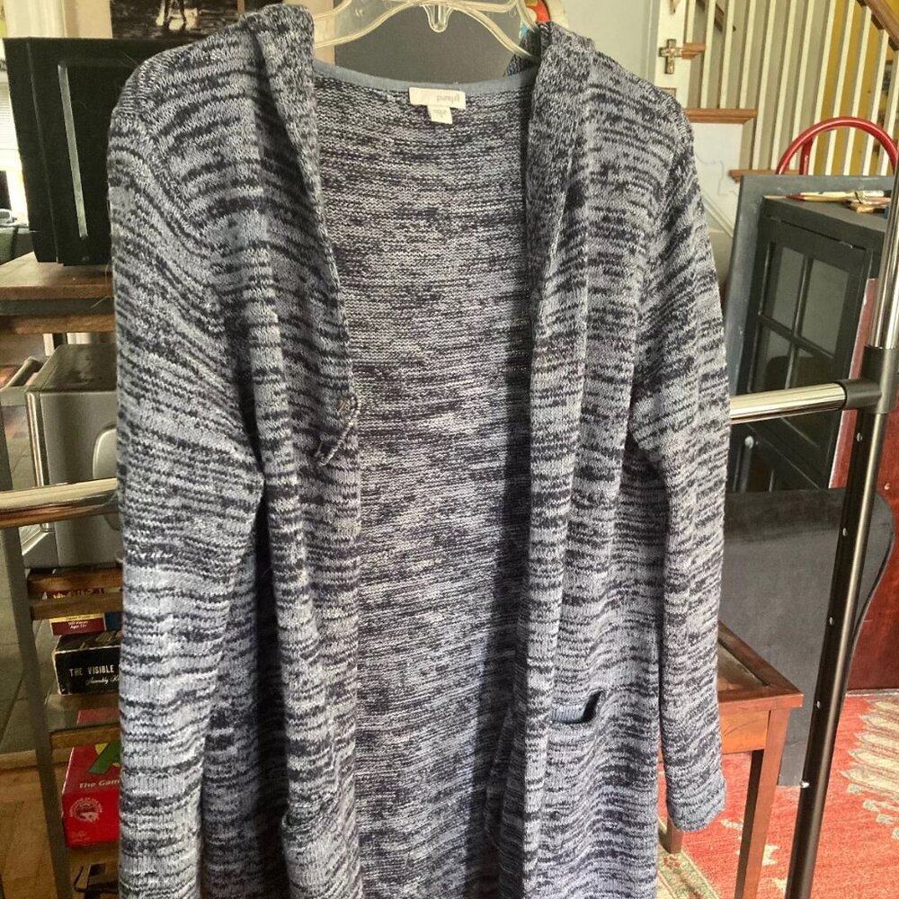 J Jill Purejill Blue Long knit cardigan sweater w/ hood size small